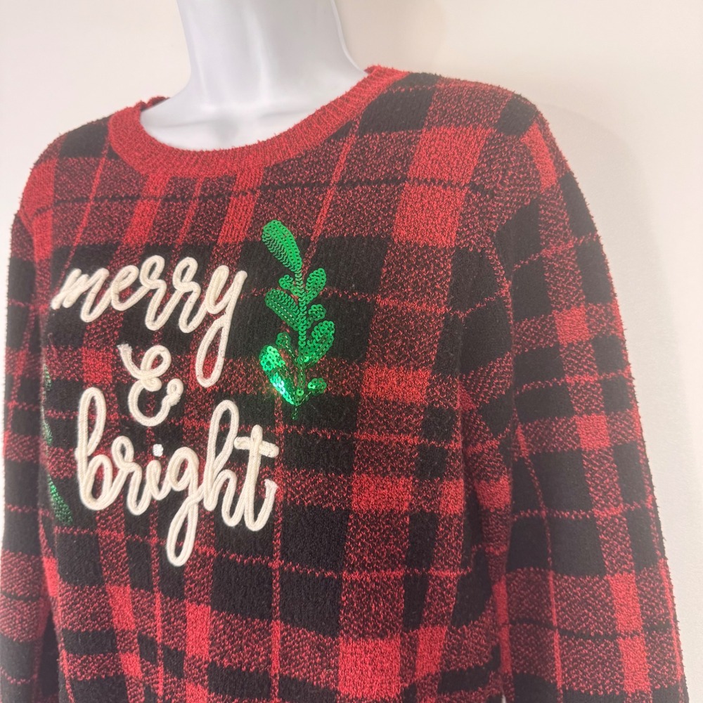 Holiday Time Sweater Women M Red Black Long Sleeve Plaid Merry Bright Christmas - Picture 4 of 10